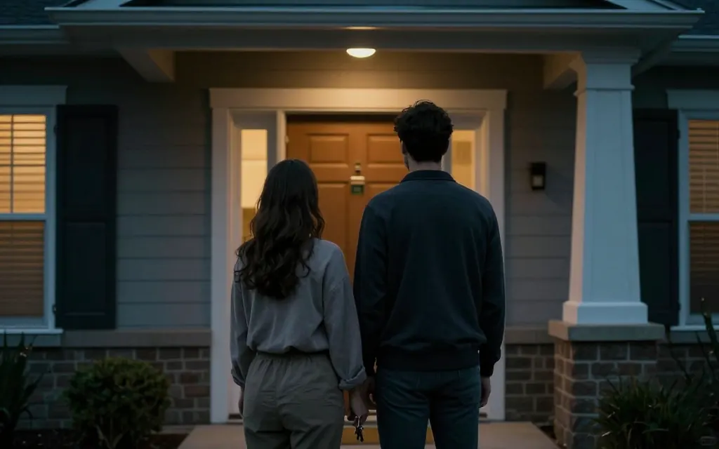 A real estate agent handing over house keys to a smiling couple on their new front porch.