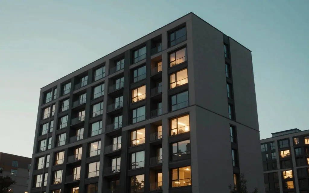 A modern multifamily apartment building with a leasing office sign out front.