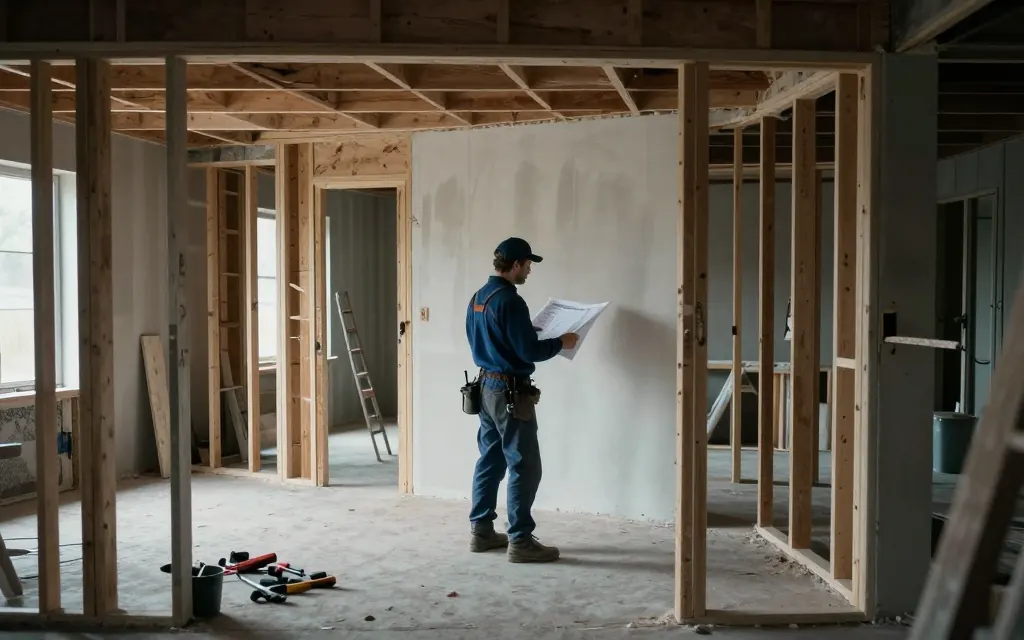A gutted kitchen mid-renovation with tools, lumber, and drywall dust in the air.