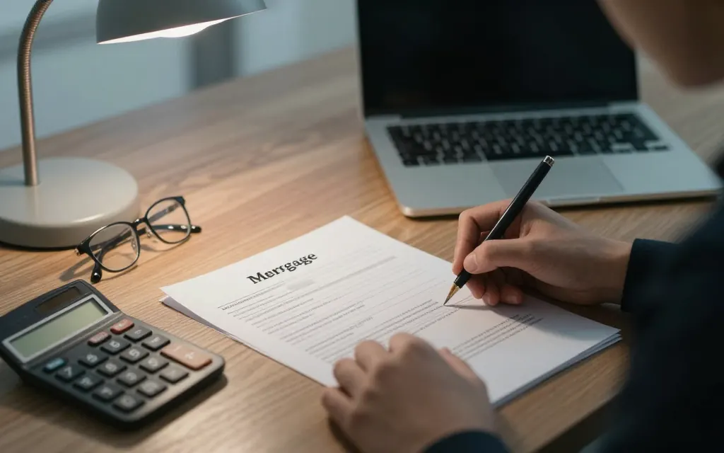 A loan officer reviewing mortgage paperwork and a calculator with a client across the desk.