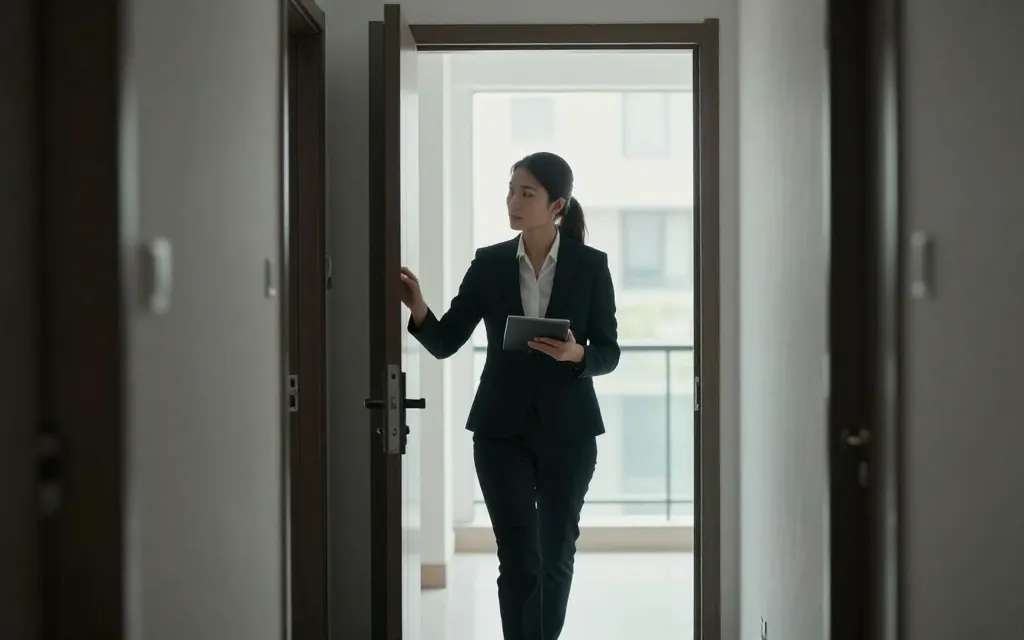 A property manager with a clipboard inspecting a rental unit hallway.