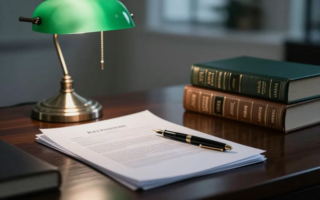 A stack of contracts and a gavel on a wood desk in an attorney’s office.