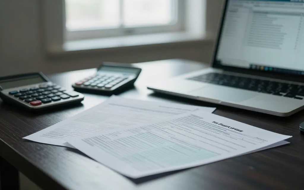 Un escritorio con una calculadora, hojas de cálculo y recibos acomodados para la planeación de impuestos.